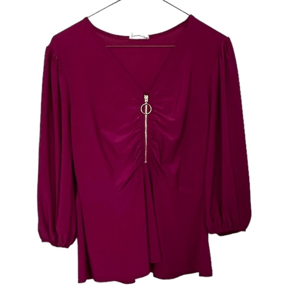 Ember Blouse Mermaid Ruched Gold Zip Up Front Peplum & Elastic 3/4 Sleeves Sz S